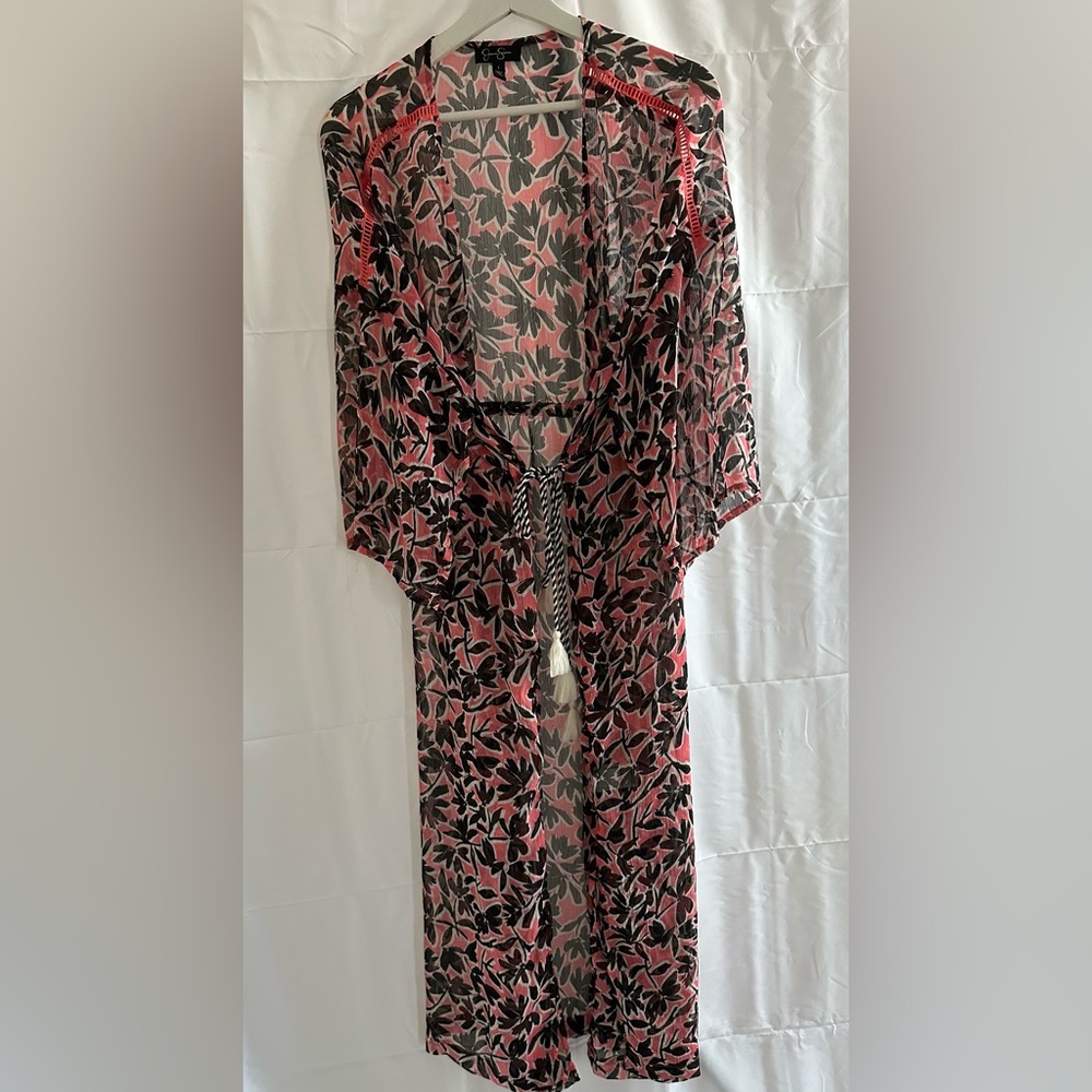 Jessica Simpson Sheer Floral Cover Up Boho Tie Front Pink Black Size L